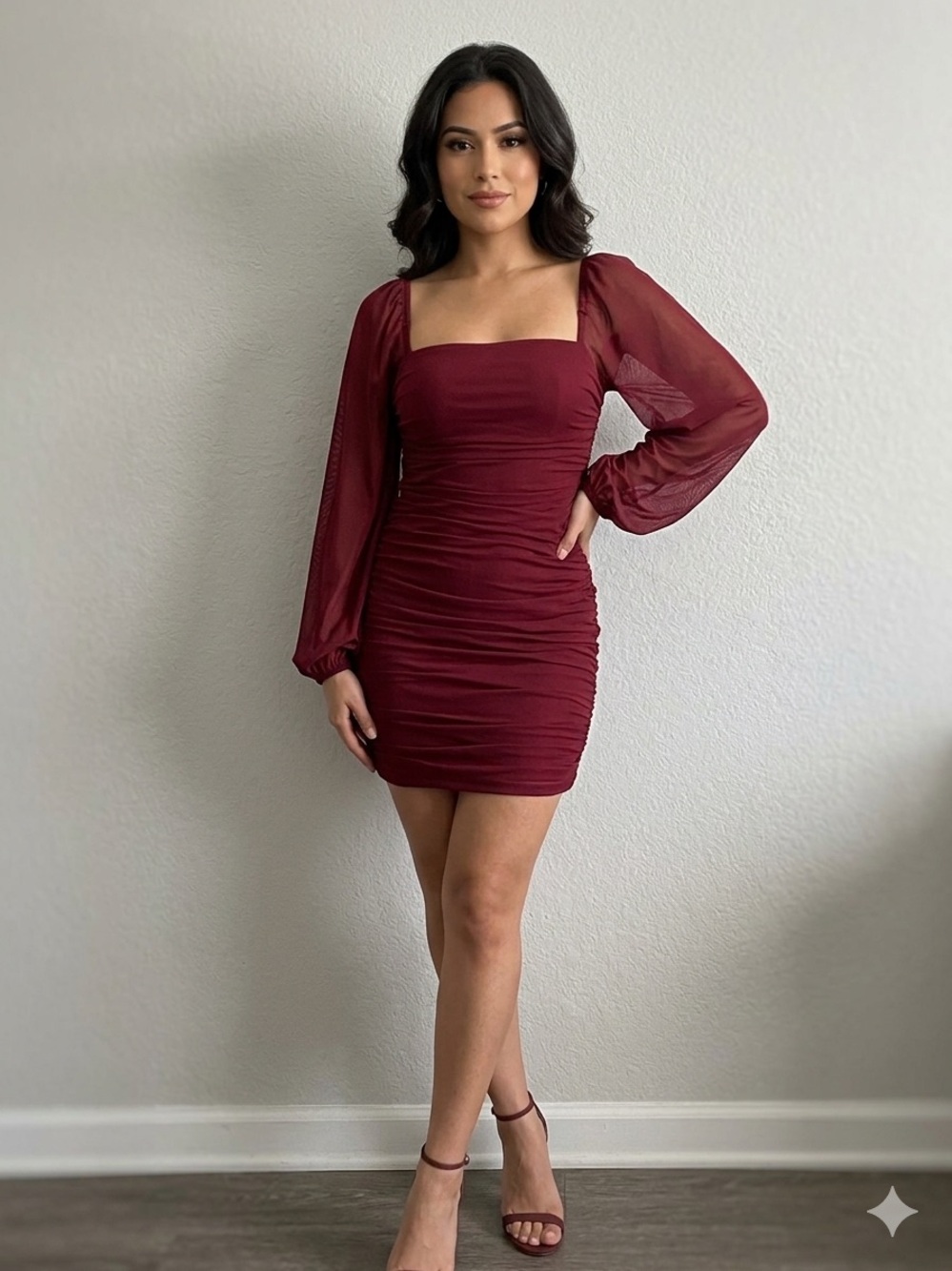 PRINCESS POLLY Ruched Long-Sleeve Burgundy Mini Dress. Size 4